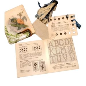 3 old stitching kits using yarn. Monogram flowers cricket